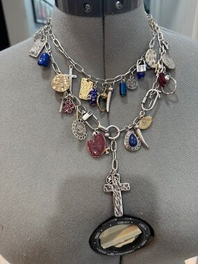 Layered Charm Necklace with Red and Blue Accents - Unbranded